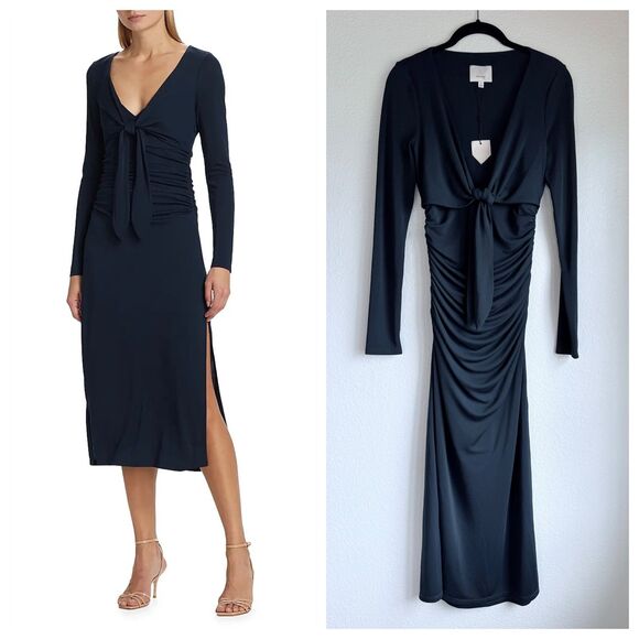 NWT Cinq à Sept Brenna Jersey Tie Long Sleeve Midi Dress in Peacock Blue Size 4 - Picture 1 of 16